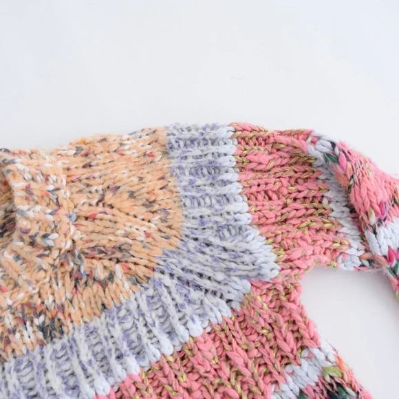 Anthropologie Kahlo Striped Pink & Cream Chunky Knit Crewneck Sweater S - Picture 10 of 12